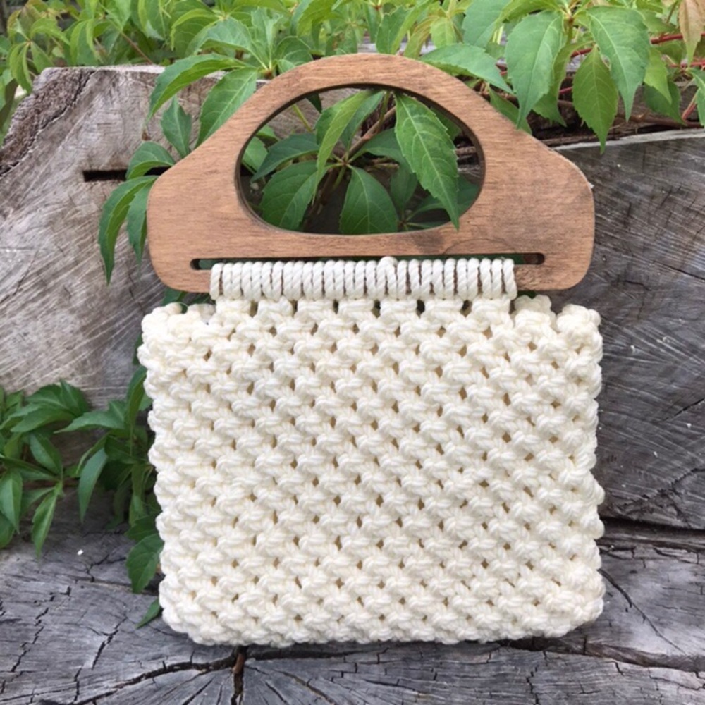 Vintage knit wooden handle bag✨🌾🌿